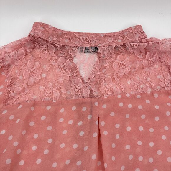 Women's Pink Sheer Polka Dot Button Up Blouse Lace Pockets Mock Collar Coquette - Picture 6 of 12